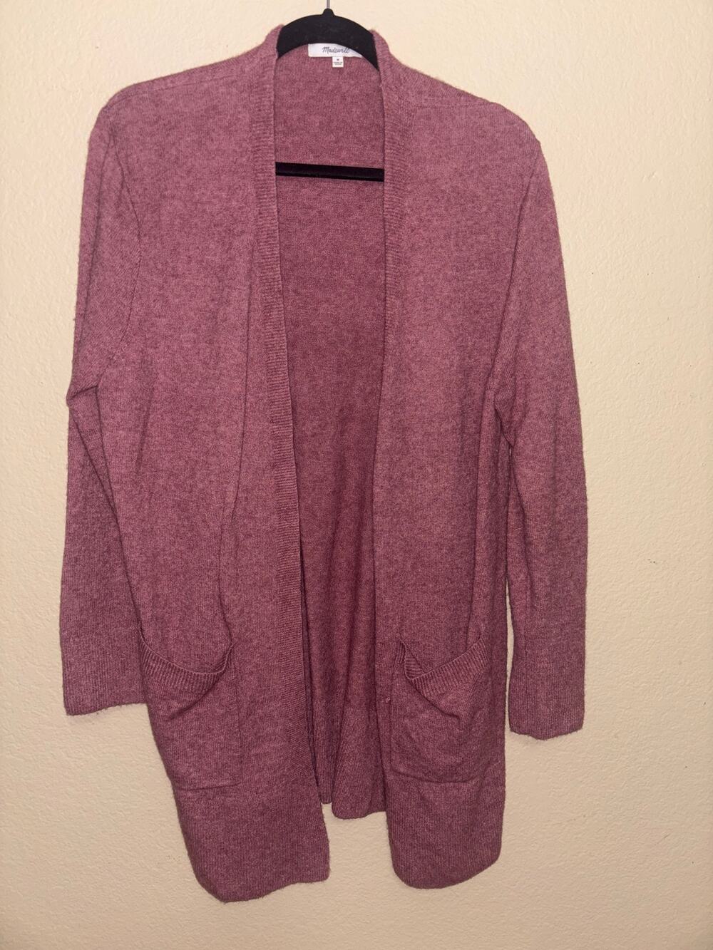 Madewell open-front cardigan in a heathered mauve/rose color